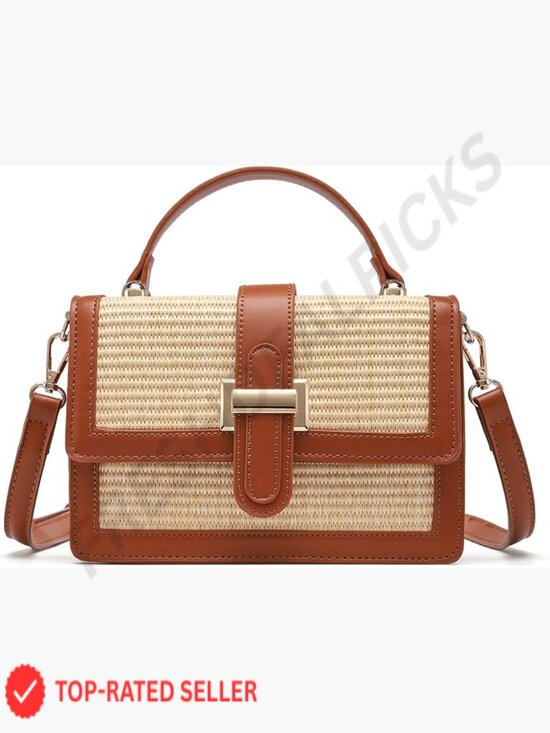 Handbags - Straw Woven Crossbody Bag Vegan Leather Patchwork Summer Purse Top Handle